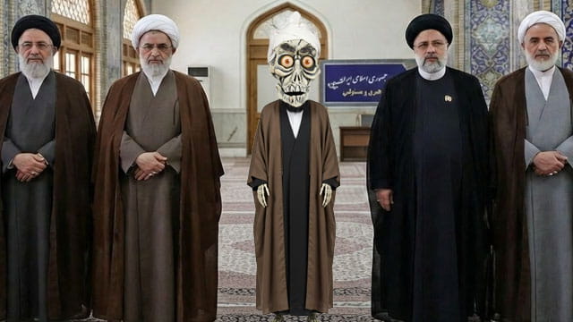 Achmed the Dead Terrorist wearing Iranian clothing standing next to Iran leadership inside of a room.