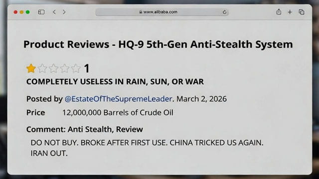 Parody Alibaba review by Iran on webpage,