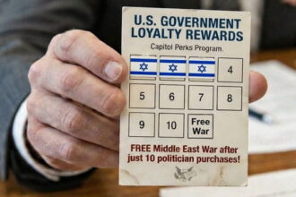 A man holding a US government loyalty rewards card with Israel flags on it.