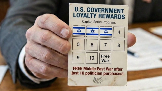 A man holding a US government loyalty rewards card with Israel flags on it.