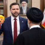 JD Vance wearing a suit and using a Donald Trump sock puppet on his hand talking to an Iran leader.