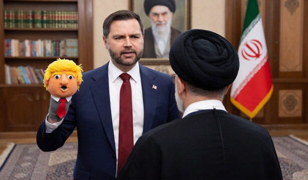 JD Vance wearing a suit and using a Donald Trump sock puppet on his hand talking to an Iran leader.