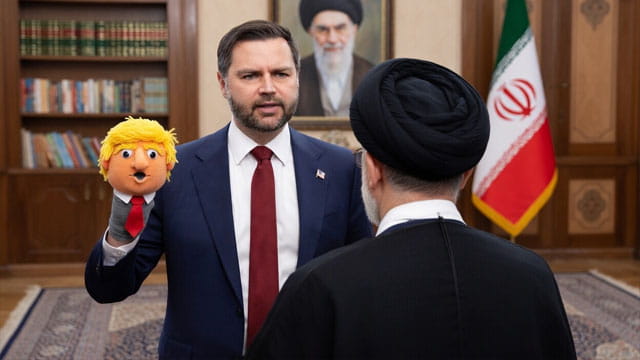 JD Vance wearing a suit and using a Donald Trump sock puppet on his hand talking to an Iran leader.