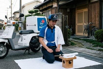 Japanese Dominos delivery driver committing seppuku in front of a Japan house.