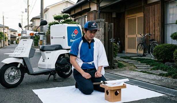 Japanese Dominos delivery driver committing seppuku in front of a Japan house.