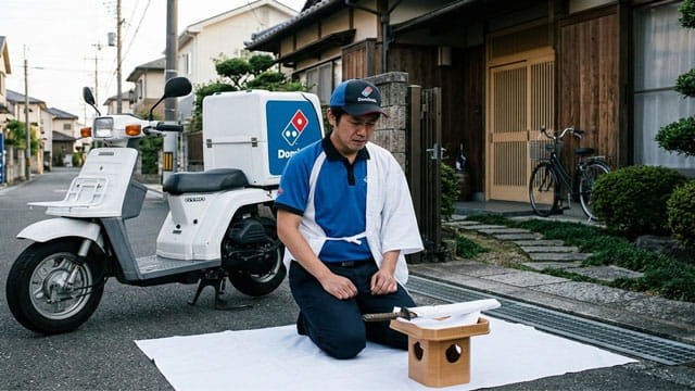 Japanese Dominos delivery driver committing seppuku in front of a Japan house.