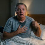 Senator Lindsey Graham sitting on a bed scared, sweating through a gray shirt from a nightmare.