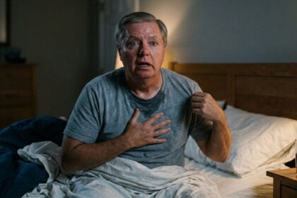 Senator Lindsey Graham sitting on a bed scared, sweating through a gray shirt from a nightmare.