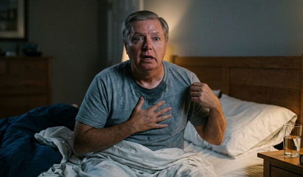 Senator Lindsey Graham sitting on a bed scared, sweating through a gray shirt from a nightmare.