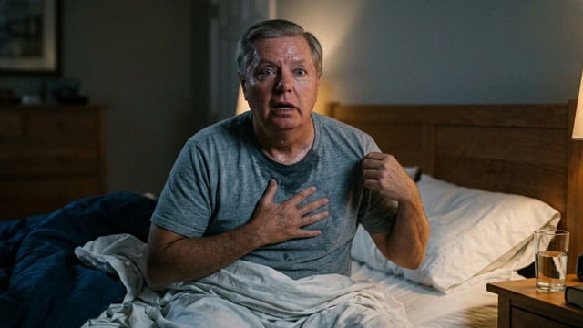 Senator Lindsey Graham sitting on a bed scared, sweating through a gray shirt from a nightmare.