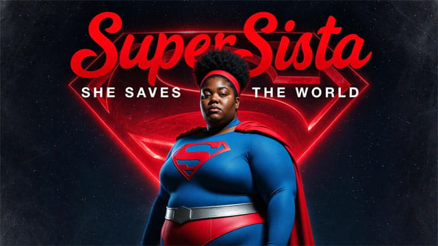 Fat black female actress wearing a Superman outfit at the Oscars.