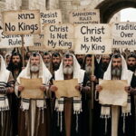 Pharisees from the Bible protesting holding "No Kings" signs in protest of Jesus Christ.