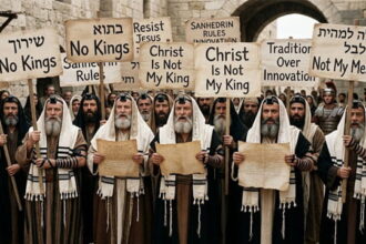 Pharisees from the Bible protesting holding "No Kings" signs in protest of Jesus Christ.