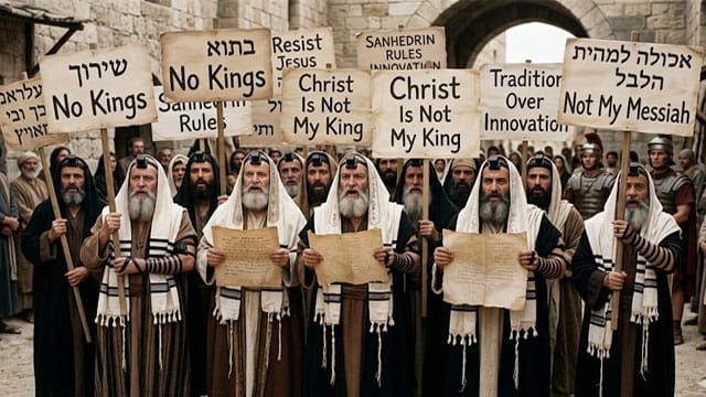 Pharisees from the Bible protesting holding "No Kings" signs in protest of Jesus Christ.