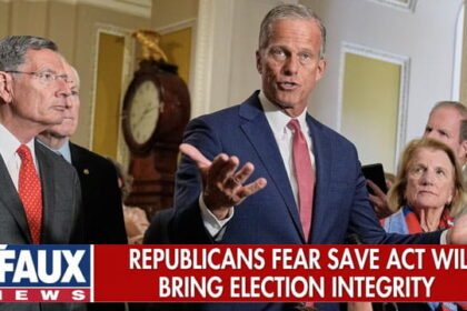 Senate Republicans men and women wearing suits giving a speech behind a podium inside Congress.