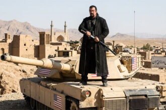 Steven Seagal standing on top of a US tank in an Iran desert during President Trump's Iran war.