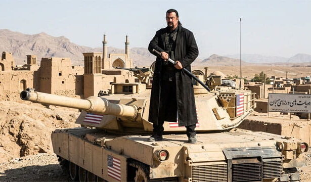 Steven Seagal standing on top of a US tank in an Iran desert during President Trump's Iran war.