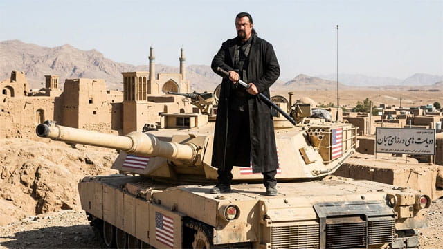 Steven Seagal standing on top of a US tank in an Iran desert during President Trump's Iran war.