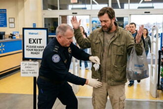 Male TSA agent checking the pockets of another man at a Walmart store.