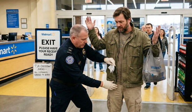 Male TSA agent checking the pockets of another man at a Walmart store.