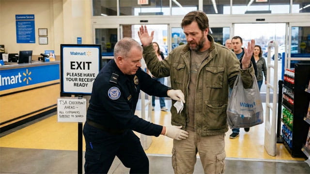 Male TSA agent checking the pockets of another man at a Walmart store.