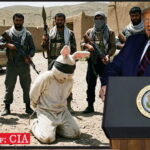 President Donald Trump giving a speech in front of a photo of Iran terrorists and the Easter Bunny.