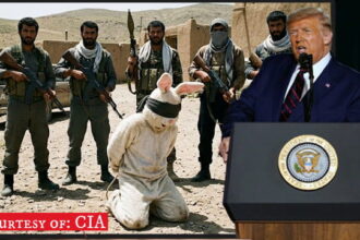 President Donald Trump giving a speech in front of a photo of Iran terrorists and the Easter Bunny.