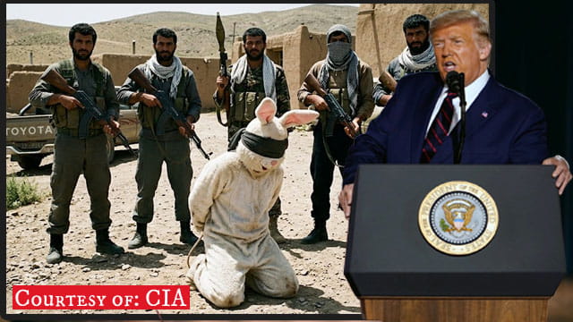 President Donald Trump giving a speech in front of a photo of Iran terrorists and the Easter Bunny.