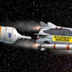 Artemis II rocket in space flying behind a minivan-shaped rocket.