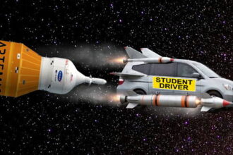 Artemis II rocket in space flying behind a minivan-shaped rocket.