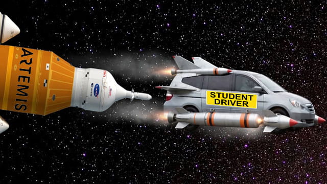 Artemis II rocket in space flying behind a minivan-shaped rocket.