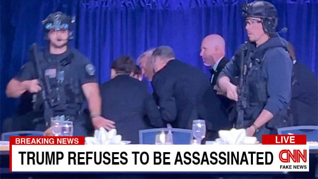 CNN news segment showing President Trump at the attempted assassination at White House Correspondent Dinner.