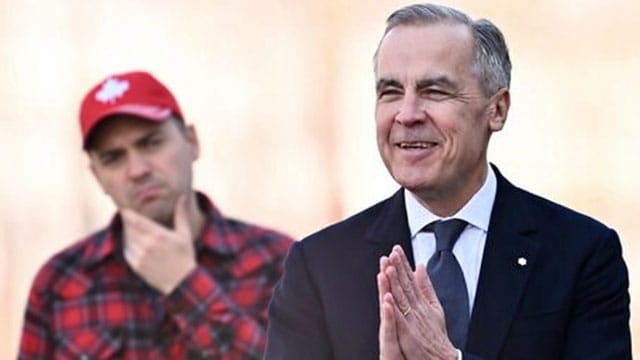 Canada Prime Minister Mark Carney wearing a suit and standing in front of a Canadian man wearing a flannel shirt.