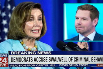 Alleged Democrat criminals Nancy Pelosi and Eric Swalwell on a news program talking.