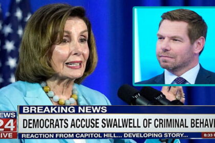 Alleged Democrat criminals Nancy Pelosi and Eric Swalwell on a news program talking.