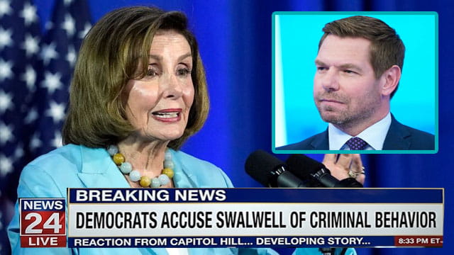 Alleged Democrat criminals Nancy Pelosi and Eric Swalwell on a news program talking.