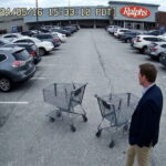 Video of Democrat Eric Swalwell wearing suit pushing shopping cart in parking lot.