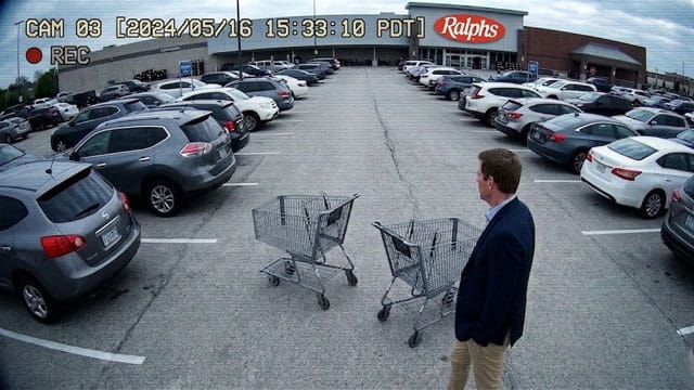 Video of Democrat Eric Swalwell wearing suit pushing shopping cart in parking lot.