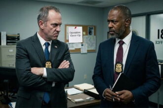 Two male FBI agents wearing suits inside of FBI office.