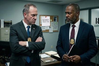 Two male FBI agents wearing suits inside of FBI office.