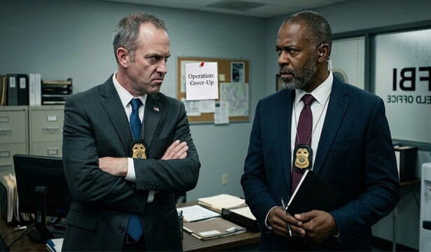 Two male FBI agents wearing suits inside of FBI office.