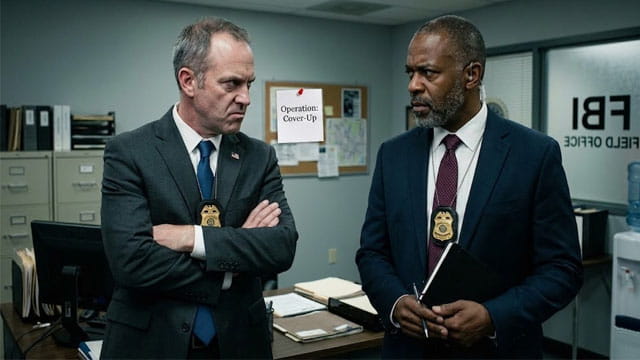 Two male FBI agents wearing suits inside of FBI office.