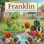 Parody Frankling the Turtle book meme showing Franklin in Canada staring at brown Indian turtles.