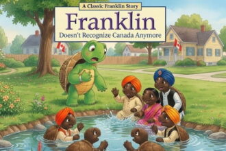 Parody Frankling the Turtle book meme showing Franklin in Canada staring at brown Indian turtles.