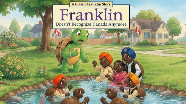 Parody Frankling the Turtle book meme showing Franklin in Canada staring at brown Indian turtles.