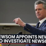 Gavin Newsom giving a speech behind a podium on California fraud.