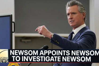 Gavin Newsom giving a speech behind a podium on California fraud.