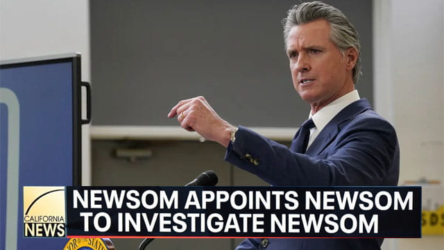 Gavin Newsom giving a speech behind a podium on California fraud.