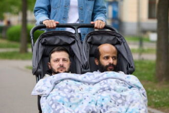 Woman pushing a baby stroller with Zelensky and a Somali man in it in front if an IRS tax building.