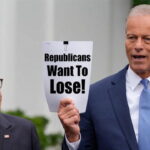 Republican Senator John Thune and Mike Johnson wearing suits standing in Congress speaking.